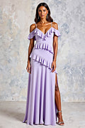 Lilafarbenes, gerüschtes, schulterfreies, langes Chiffon-Ballkleid mit Schlitz