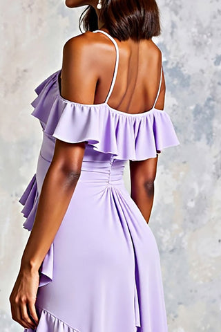 Lilac Ruffled Cold Shoulder Long Chiffon Formal Dress with Slit