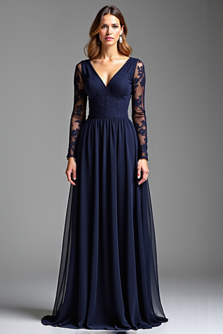 Langes, formelles Chiffonkleid in A-Linie mit Ärmeln, Marineblau