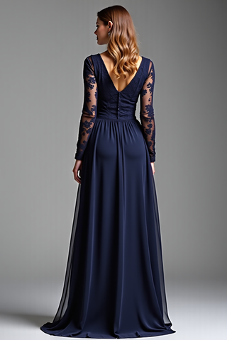 Langes, formelles Chiffonkleid in A-Linie mit Ärmeln, Marineblau