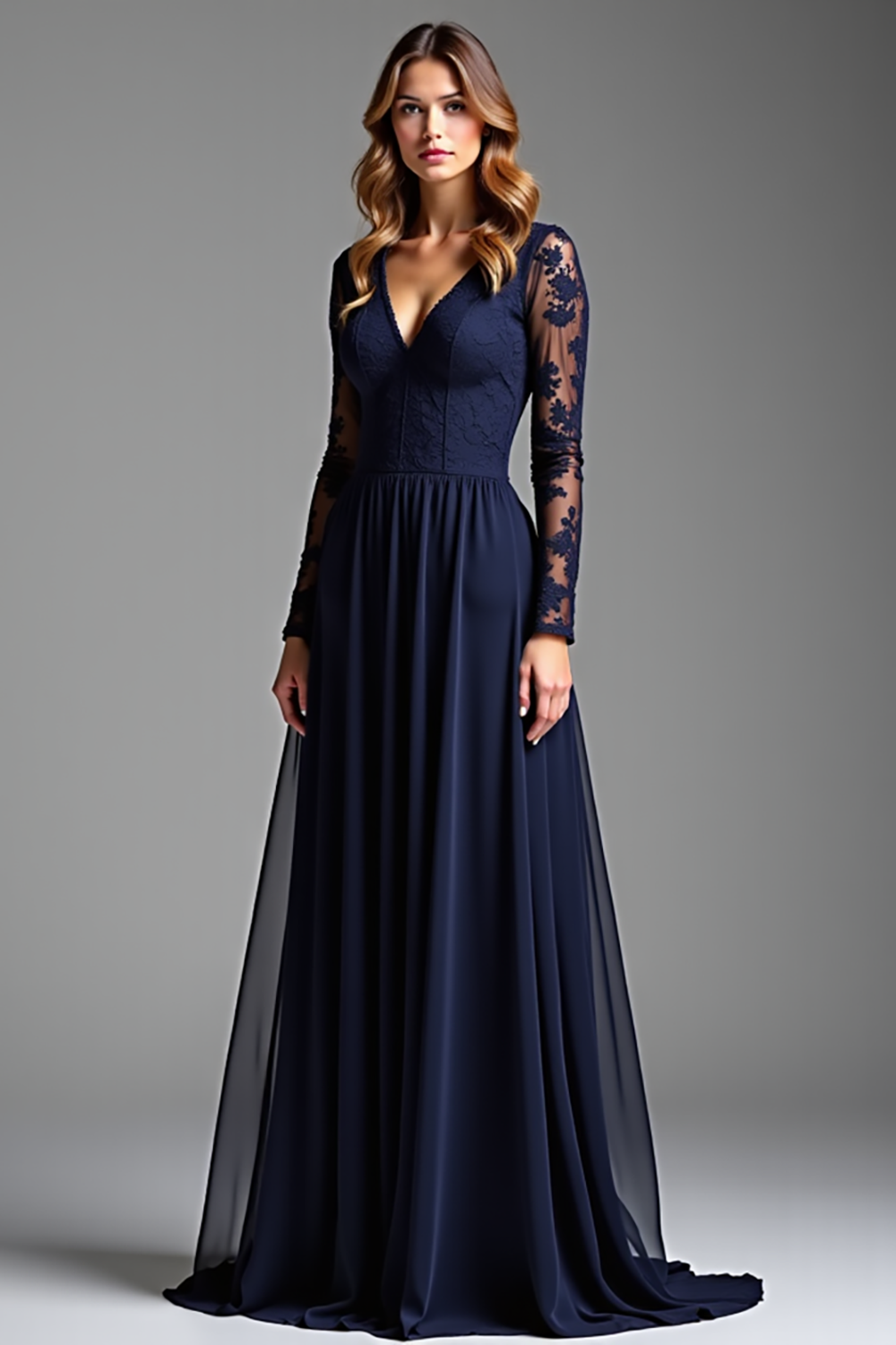 Vestido formal comprido em chiffon azul-marinho com mangas
