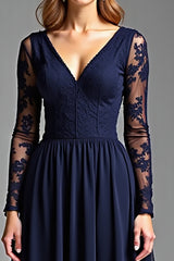 A Line Navy Chiffon Long Formal Dress with Sleeves