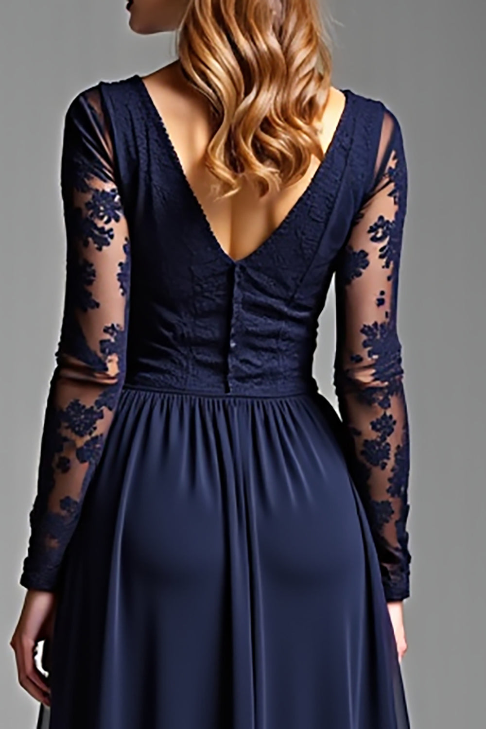 A Line Navy Chiffon Long Formal Dress with Sleeves