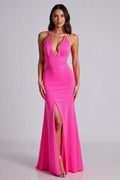 Vestido longo formal em cetim com decote em V profundo fúcsia e racha
