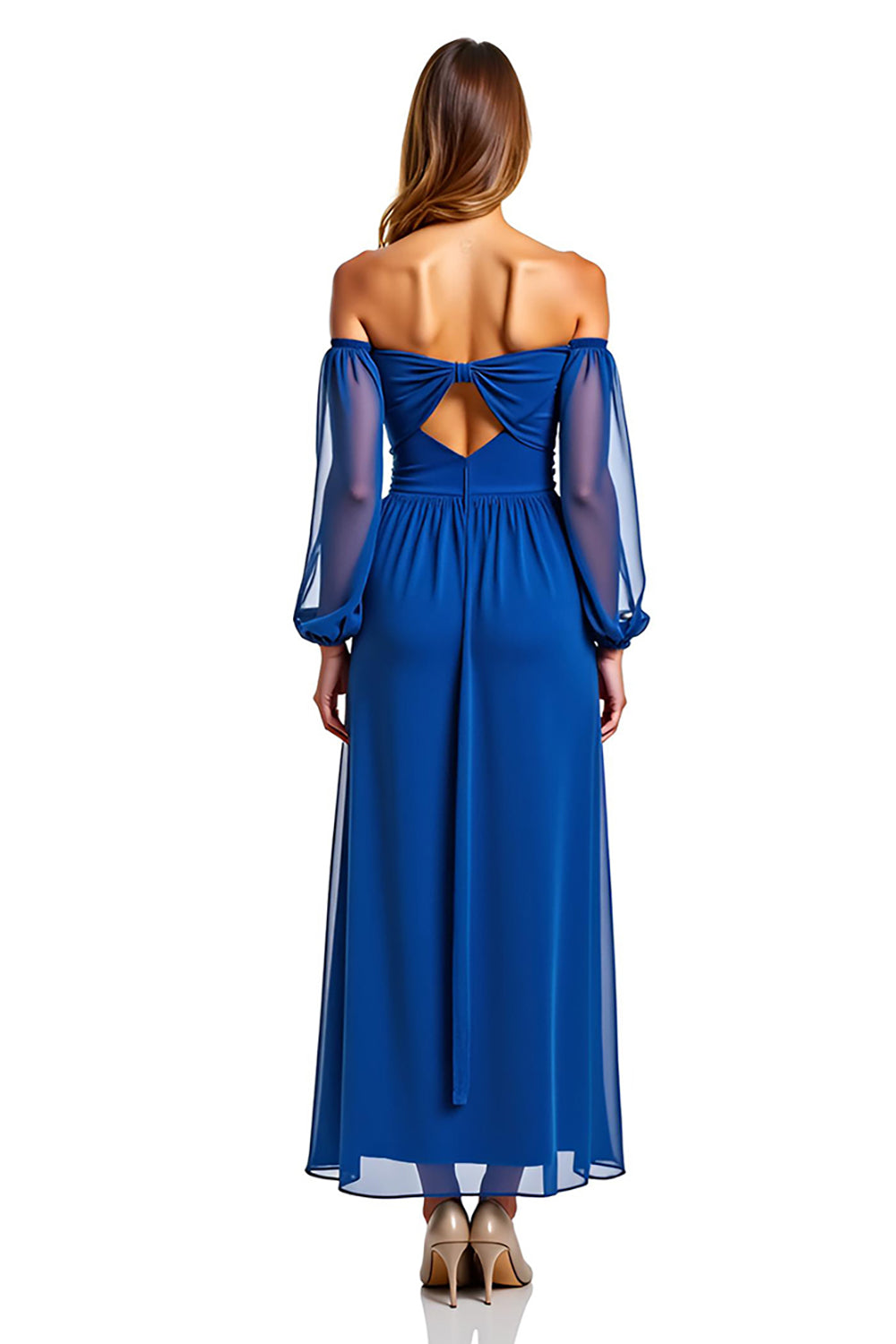 Vestido de cerimónia comprido em chiffon azul royal com mangas evasé