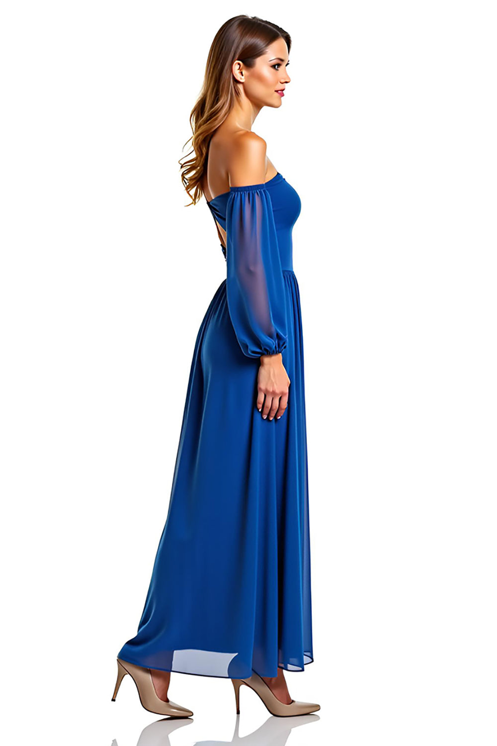 Vestido de cerimónia comprido em chiffon azul royal com mangas evasé