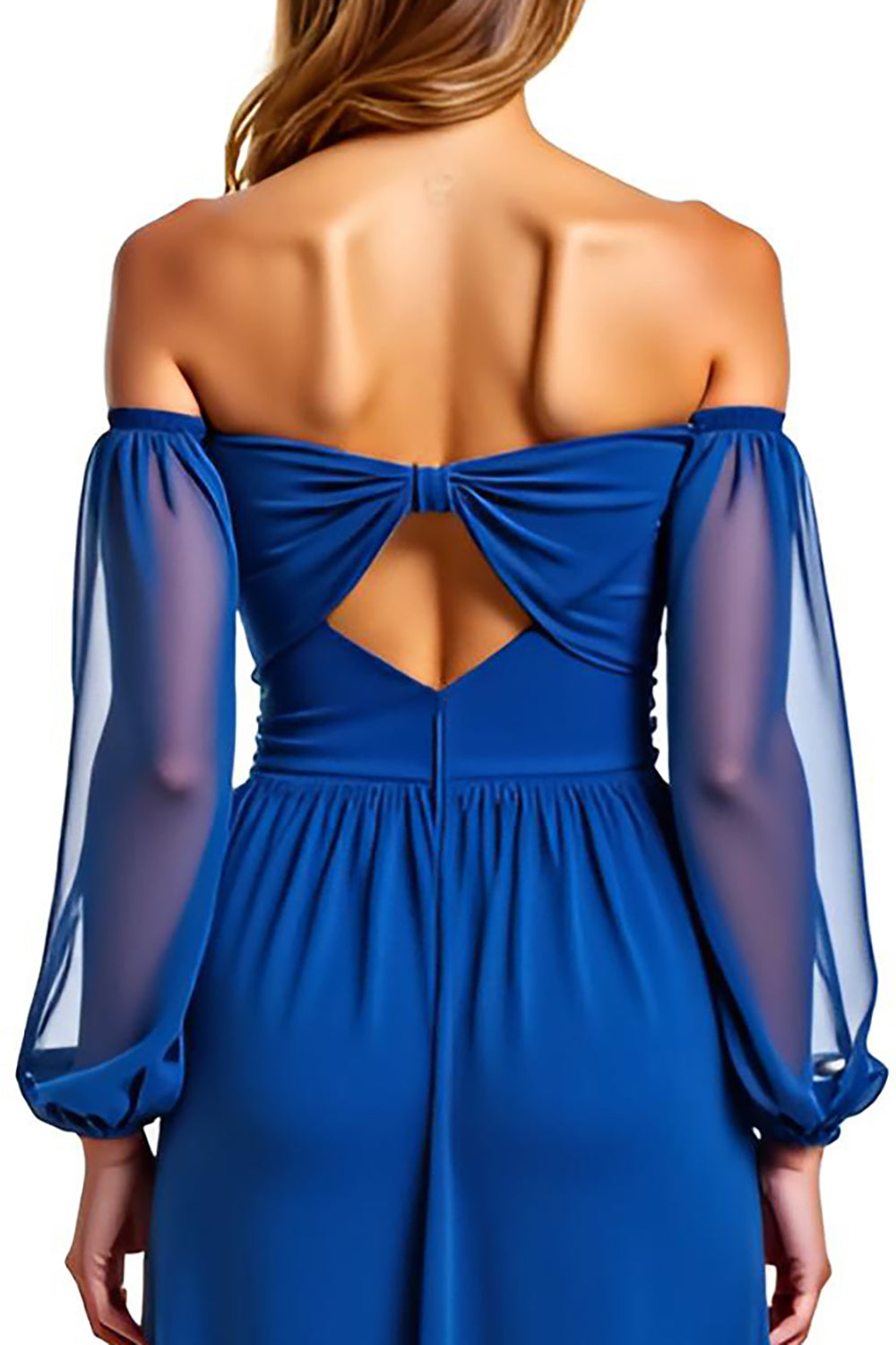Vestido de cerimónia comprido em chiffon azul royal com mangas evasé