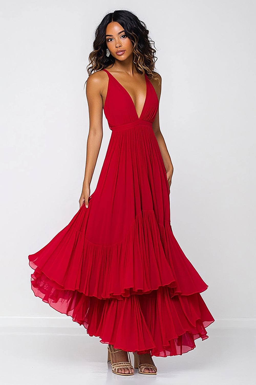 A-Linie, langes, plissiertes Chiffon-Kleid mit tiefem V-Ausschnitt in Rot
