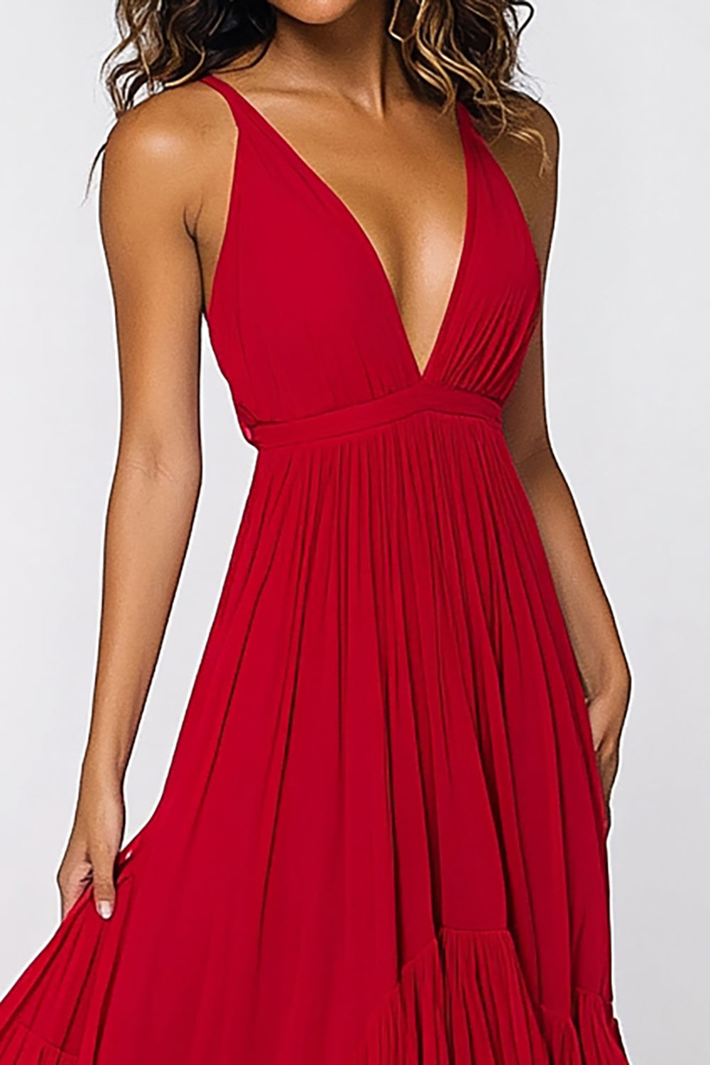 A-Linie, langes, plissiertes Chiffon-Kleid mit tiefem V-Ausschnitt in Rot