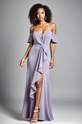 Langes, fliederfarbenes, schulterfreies, gerüschtes Abendkleid mit Schlitz