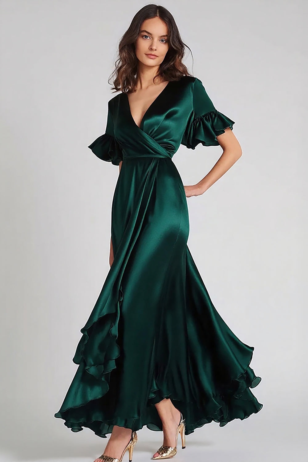 Satin Dark Green V-Neck Long Formal Dress with Ruffles