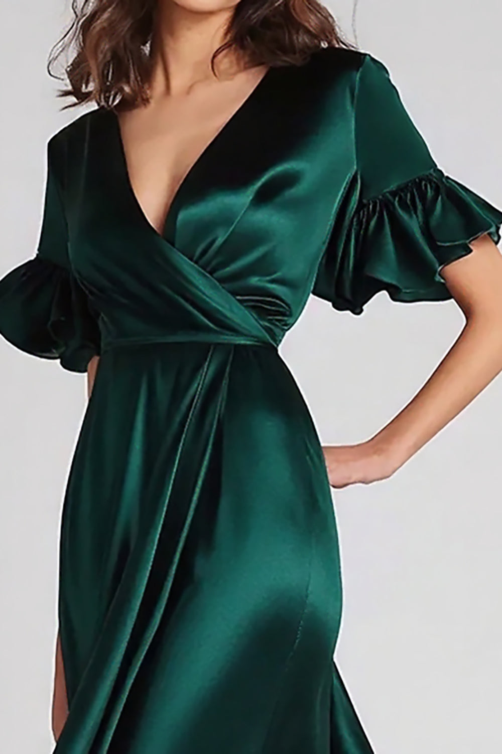 Satin Dark Green V-Neck Long Formal Dress with Ruffles