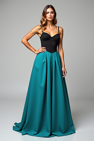 Langes Abendkleid aus Satin in Schwarz und Pfauenblau in A-Linie