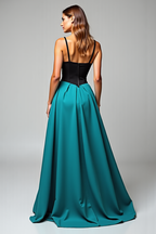 A Line Black Peacock Blue Satin Long Formal Dress