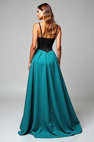 Langes Abendkleid aus Satin in Schwarz und Pfauenblau in A-Linie