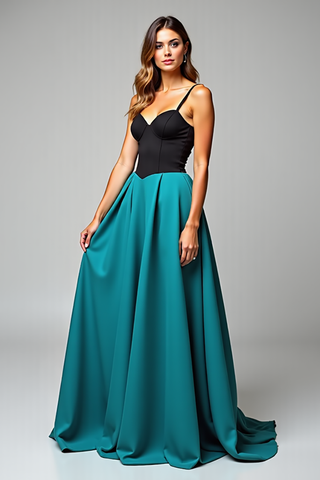 Langes Abendkleid aus Satin in Schwarz und Pfauenblau in A-Linie