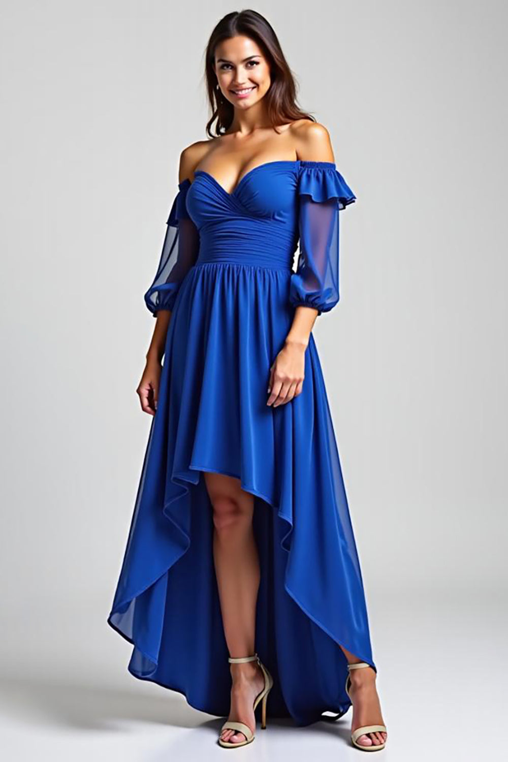 Royal Blue Off the Shoulder High-Low Formal Dress with Half Sleeves
