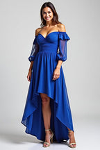 Royal Blue Off the Shoulder High-Low Formal Dress with Half Sleeves