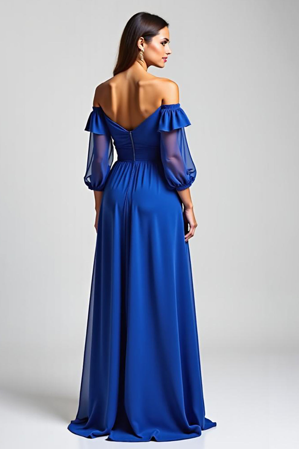 Royal Blue Off the Shoulder High-Low Formal Dress with Half Sleeves