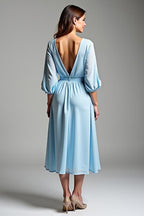 Sky Blue V-Neck Half Sleeves Knee-Length Formal Dress