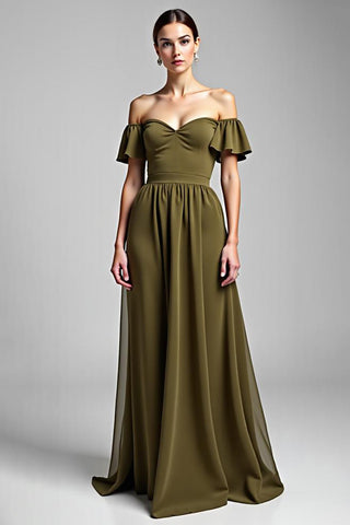 Langes, formelles Chiffonkleid in A-Linie mit Rüschen in Olivgrün