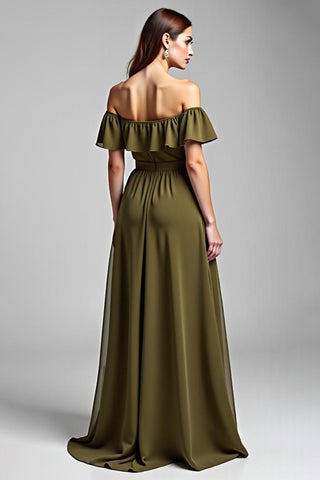 Langes, formelles Chiffonkleid in A-Linie mit Rüschen in Olivgrün