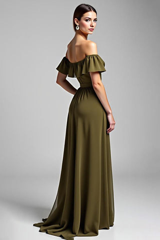 Langes, formelles Chiffonkleid in A-Linie mit Rüschen in Olivgrün
