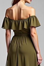 A Line Olive Chiffon Long Formal Dress with Ruffles