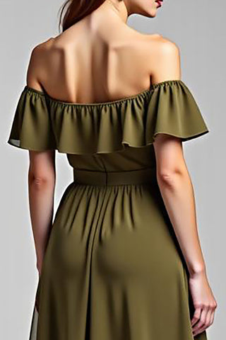 Langes, formelles Chiffonkleid in A-Linie mit Rüschen in Olivgrün