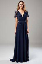 Deep V-Neck Navy Chiffon Long Formal Dress