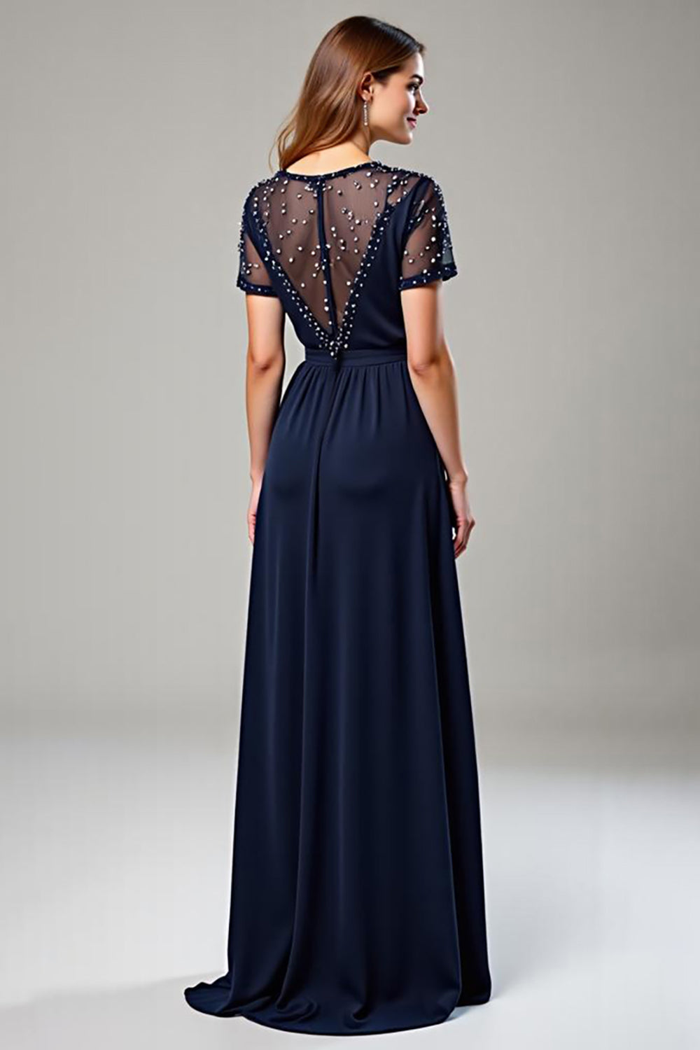 Deep V-Neck Navy Chiffon Long Formal Dress