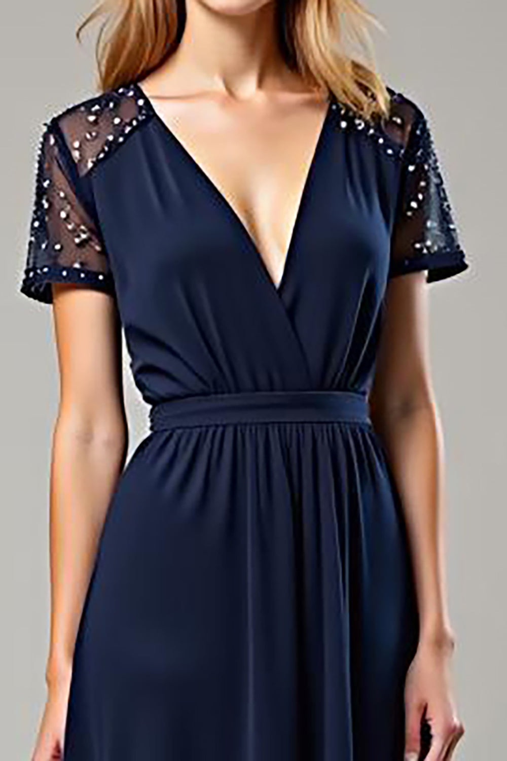 Deep V-Neck Navy Chiffon Long Formal Dress