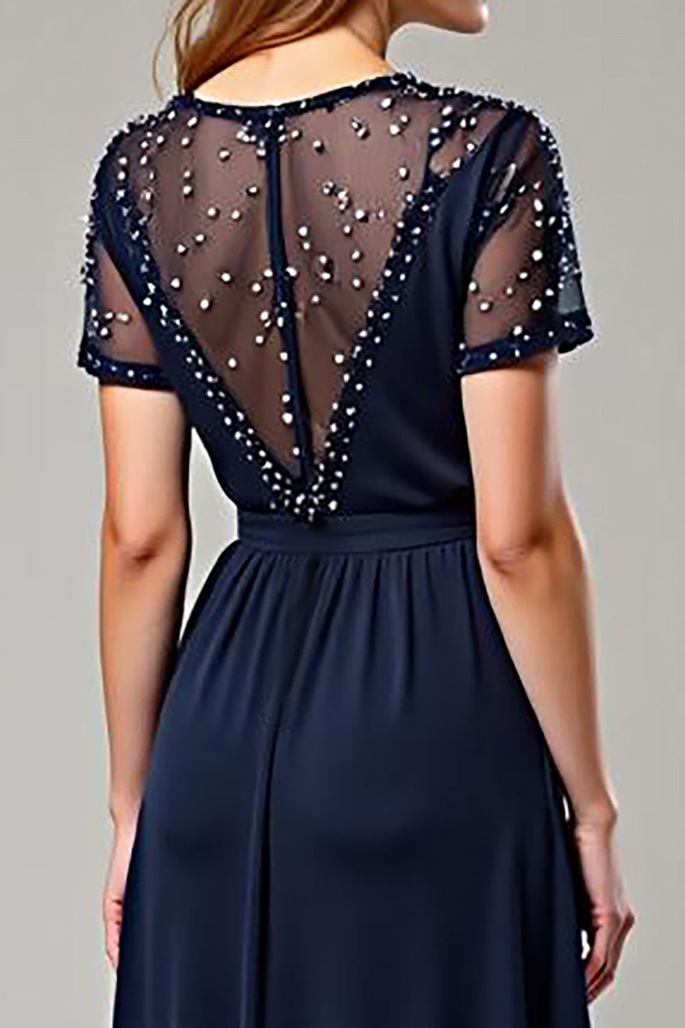 Deep V-Neck Navy Chiffon Long Formal Dress