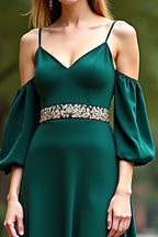 Dark Green Cold Shoulder Satin Long Formal Dress