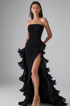 Black Square Neck Satin Long Formal Dress with Slit