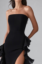 Black Square Neck Satin Long Formal Dress with Slit