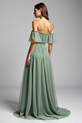 A-Linien-Kleid in Dusty Sage mit schulterfreien, langen Ärmeln