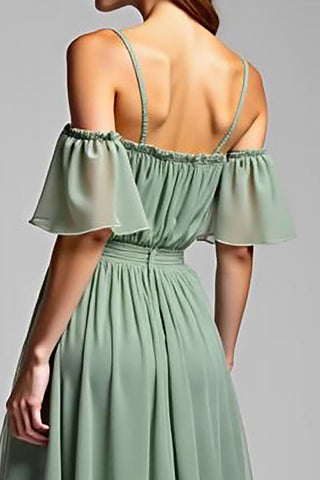 A-Linien-Kleid in Dusty Sage mit schulterfreien, langen Ärmeln
