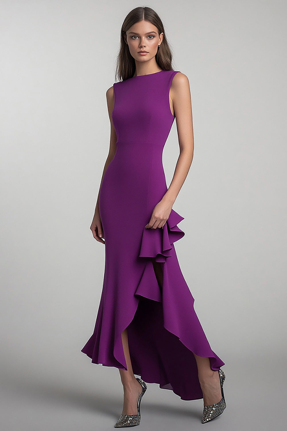 Round Neck Plum Sheath Long Formal Dress