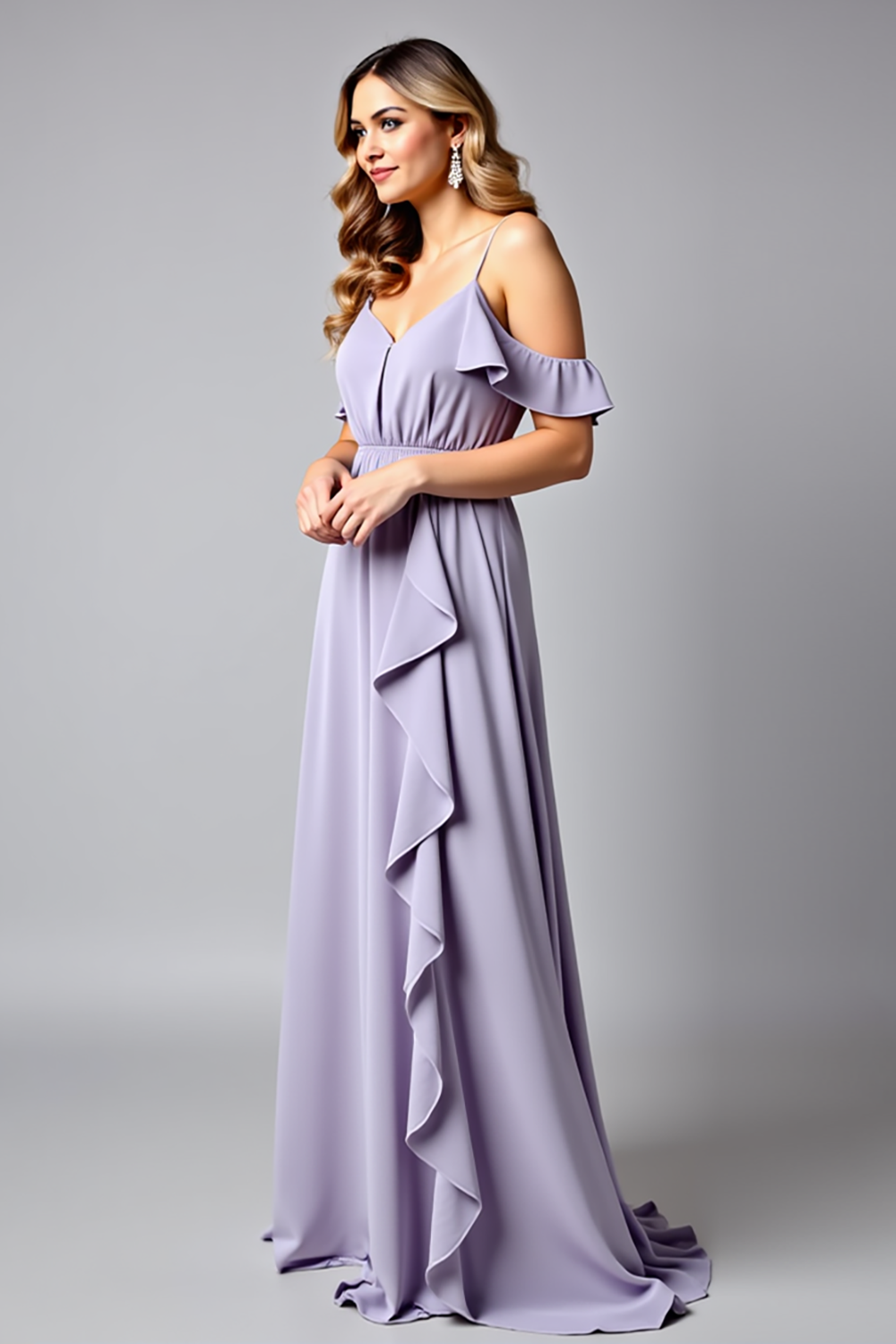 Lilac V-Neck Backless Ruched Long Formal Dress