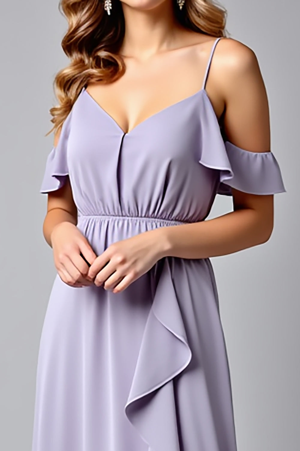 Lilac V-Neck Backless Ruched Long Formal Dress