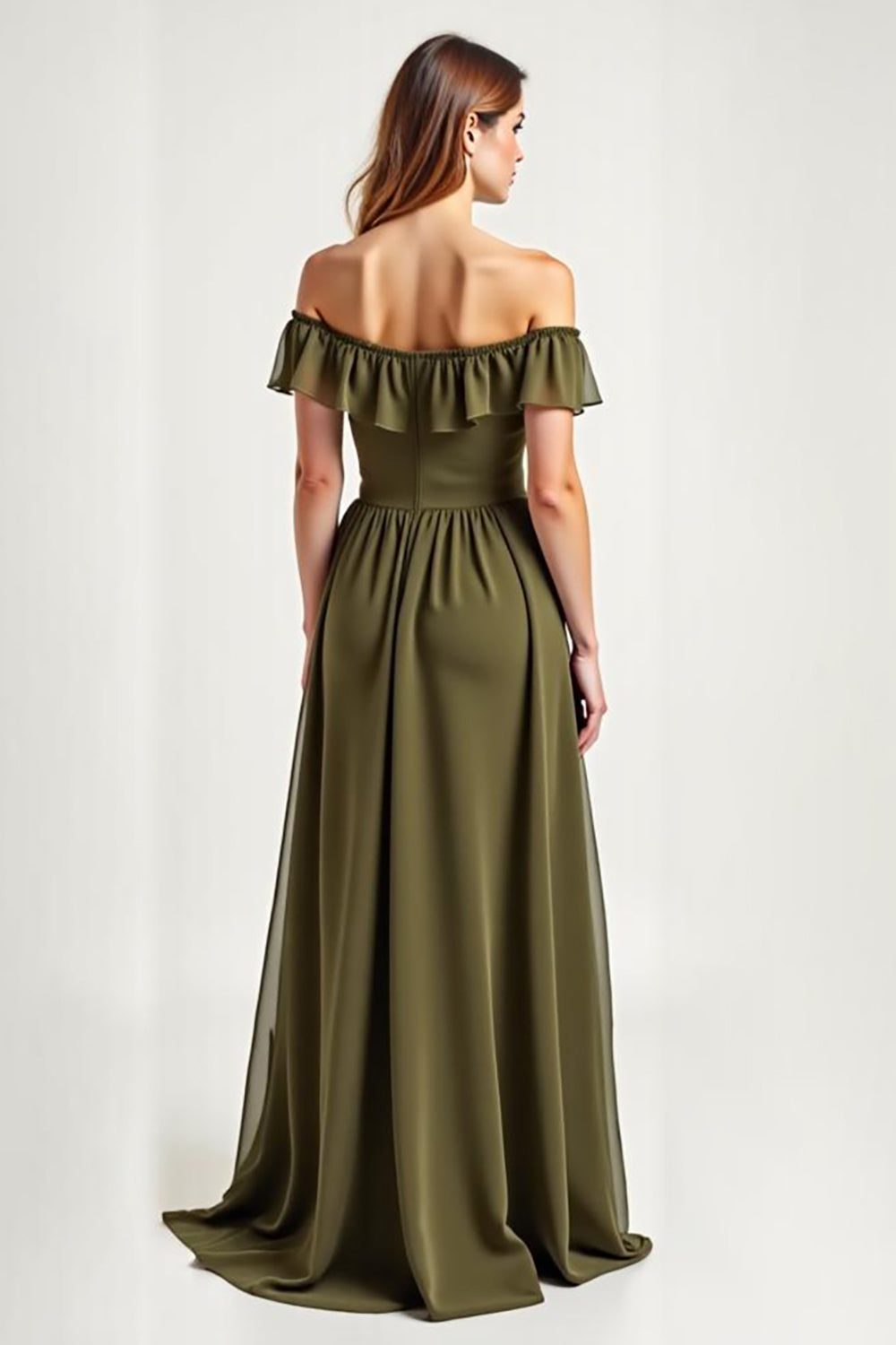 Off the Shoulder Olive Chiffon Long Formal Dress