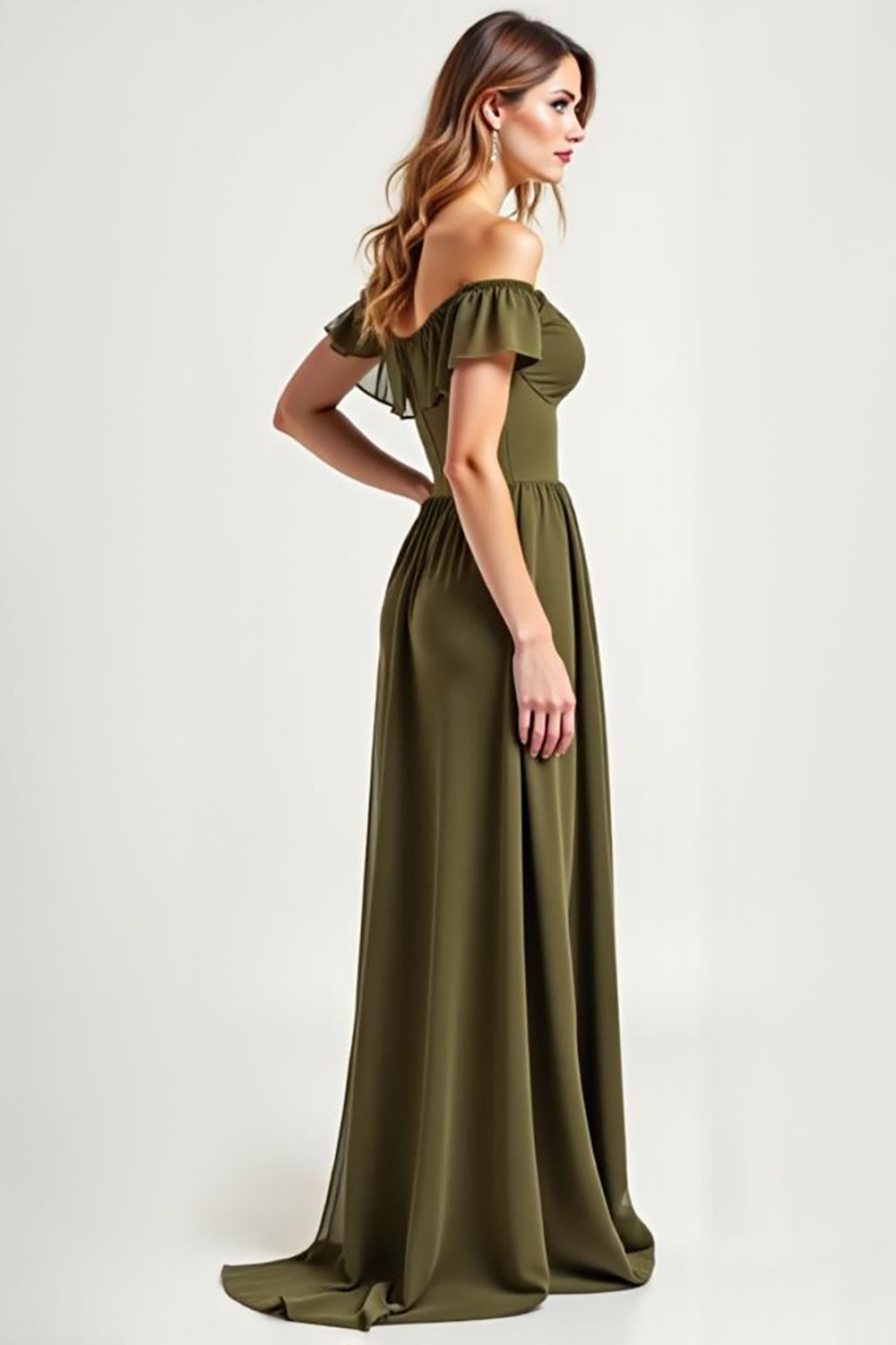 Off the Shoulder Olive Chiffon Long Formal Dress