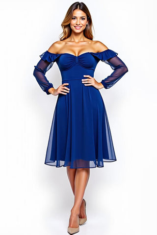 Royal Blue Off the Shoulder Chiffon Knee-Length Formal Dress