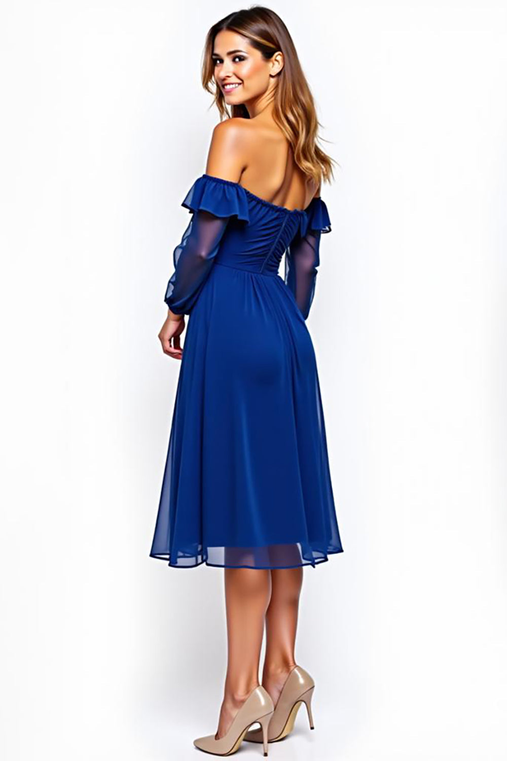 Royal Blue Off the Shoulder Chiffon Knee-Length Formal Dress