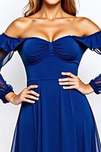 Royal Blue Off the Shoulder Chiffon Knee-Length Formal Dress