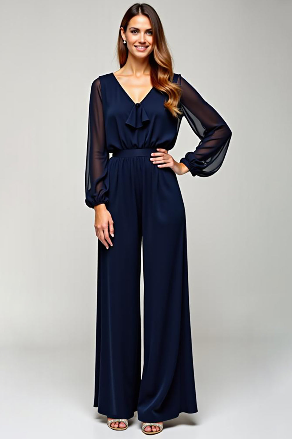 Navy Chiffon V-Neck Long Formal Jumpsuit