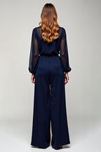 Navy Chiffon V-Neck Long Formal Jumpsuit