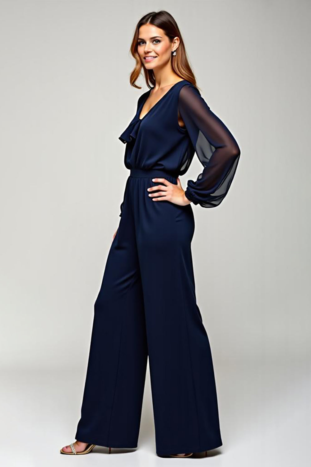 Navy Chiffon V-Neck Long Formal Jumpsuit