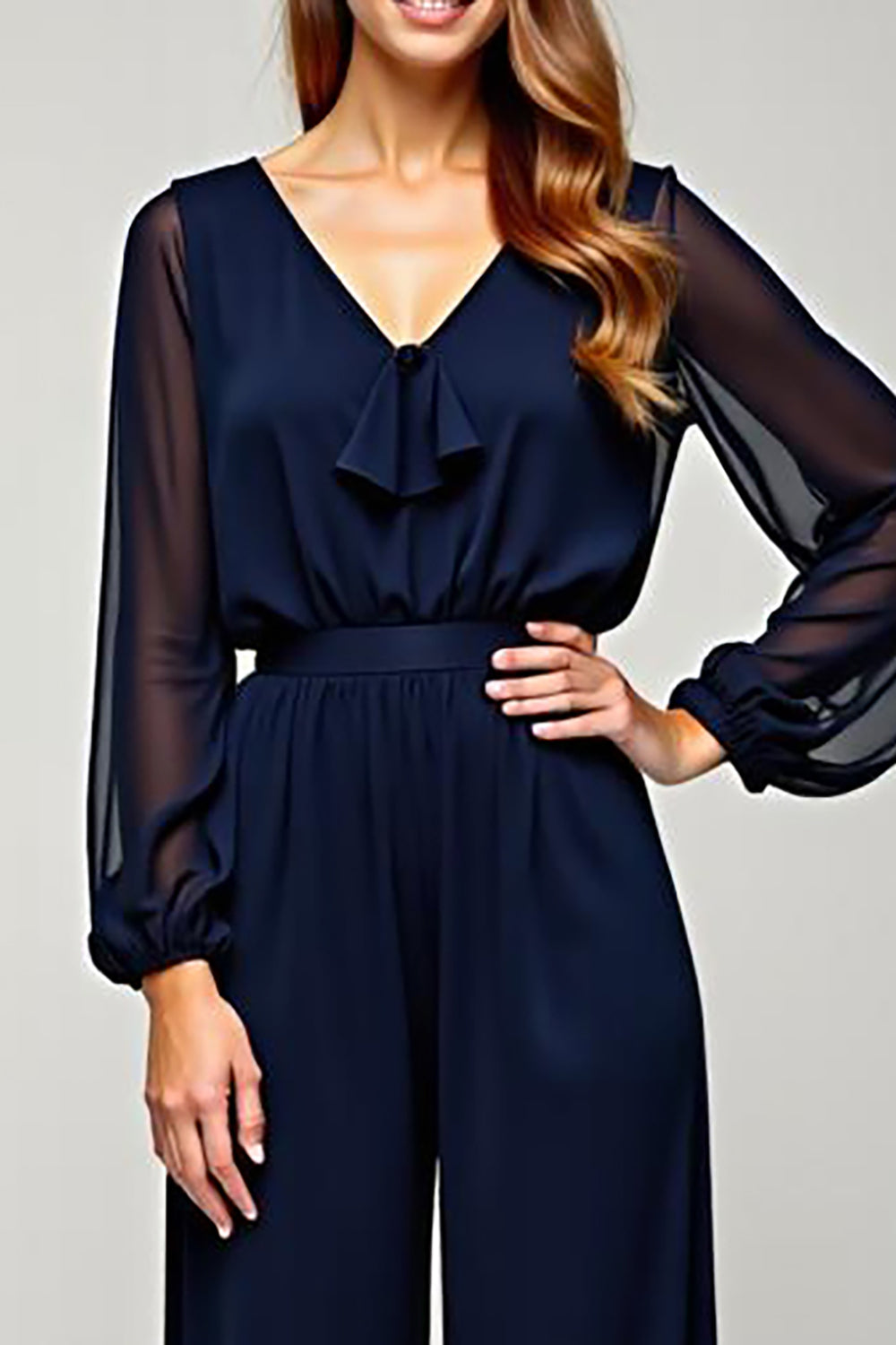 Navy Chiffon V-Neck Long Formal Jumpsuit